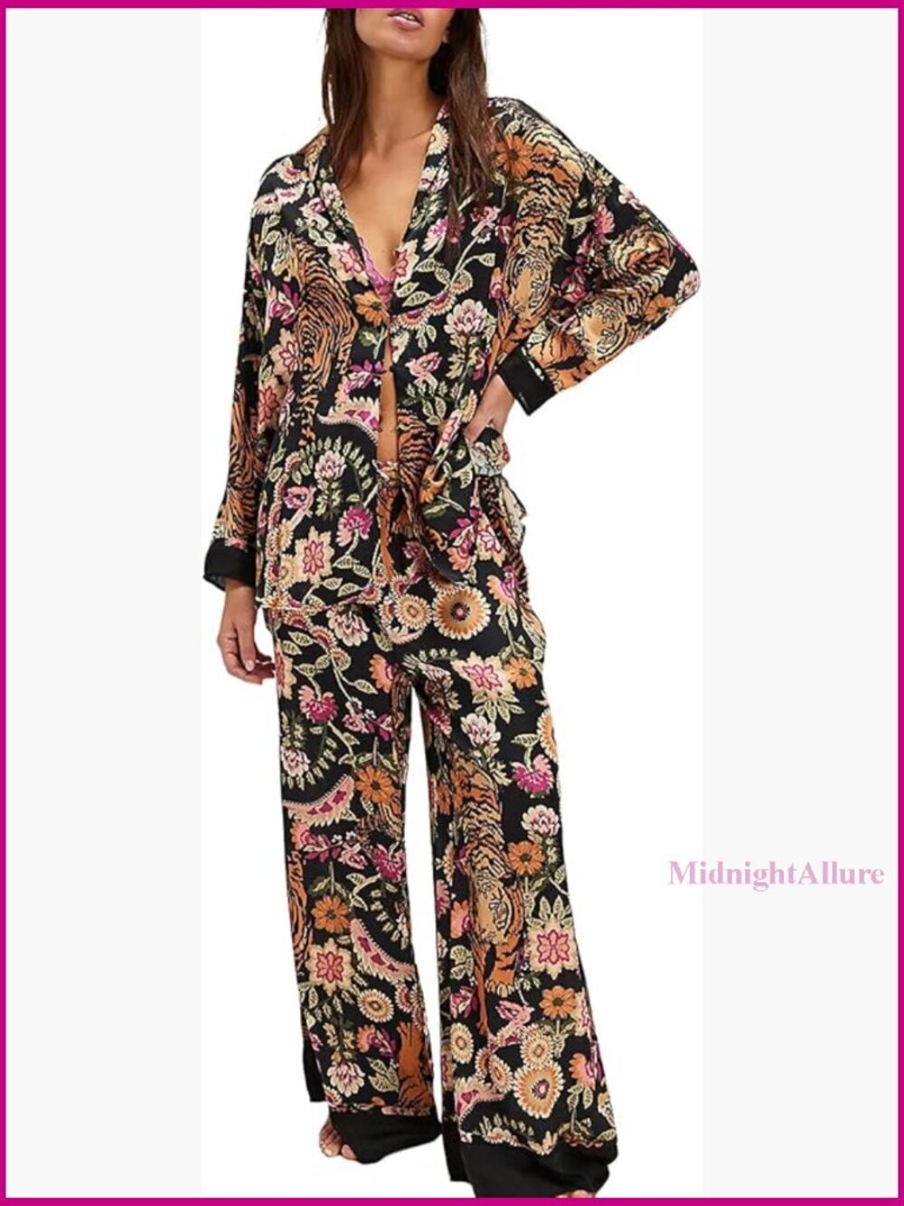 2 Piece Satin Pajama Set Long Sleeve Pjs Sleepwear